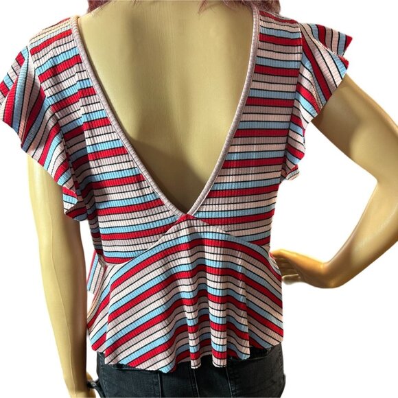 Wild Fable Womens Flutter Sleeve Peplum Cropped Top Large Stripe Y2K Boho Retro - Picture 4 of 4